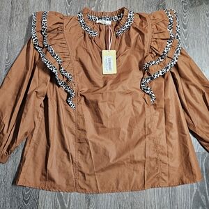 entro Rust Brown Ruffle Blouse with Leopard Trim